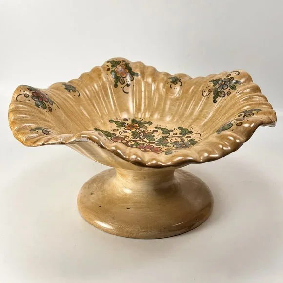Vtg Cerbella Gubbio Ceramic Stoneware Pedestal Scalloped Fruit Bowl Floral Italy